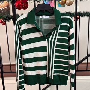 Zara Green and White Striped Polo Cardigan Sweater